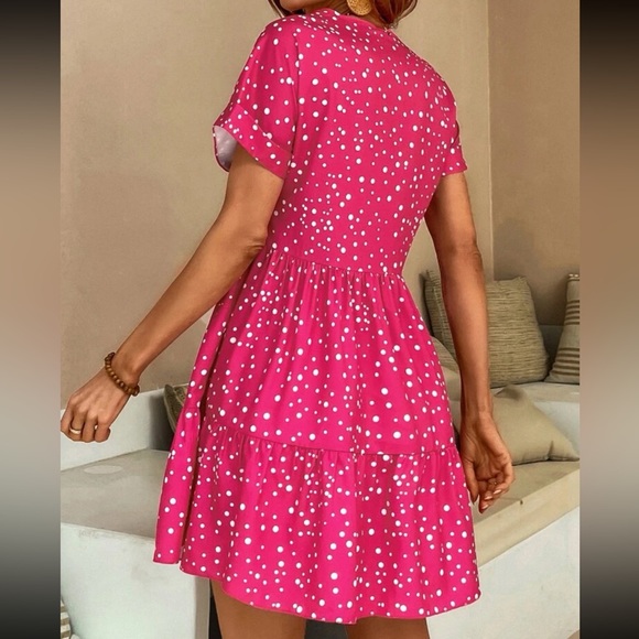 Polka Dot Print Ruffle Hem Mini Dress Hot Pink - Picture 2 of 5